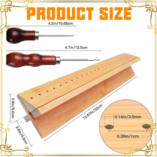 Bamboo Book Binding Cradle with 2 Awls Wood Bookbinding Punching Cradle with Piercing Guide Portable Book Binding Tools Book Binding Kits Bookbinding Supplies for Book DIY Crafts