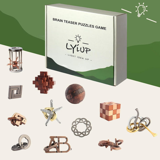 Puzzles Toys Brain Teaser Puzzles 12Pcs Ring Puzzles Metal Wooden Puzzles Logic Lock for Adults Kids Toy Gift for Teens
