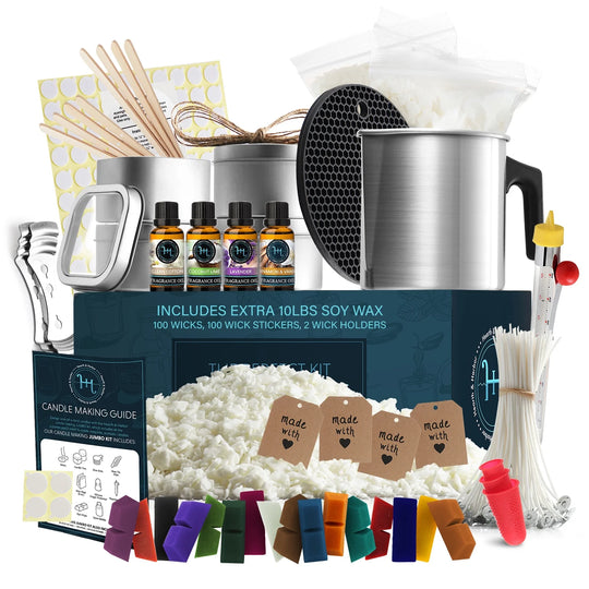 Complete DIY Candle Making Kit Supplies for Adults and Children - 16 Color Dyes, Fragrances, 12 Lbs. Soy Wax, Melting Pot, Thermometer, Tins, Cotton Wicks, Finger Protectors, Centering Devices &amp; More
