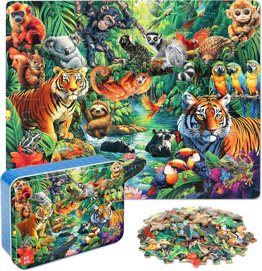 LELEMON Puzzles for Kids Ages 4-6, Jungle Puzzle 60 Piece Puzzles for Kids in a Metal Box, Educational Kids Puzzles Jigsaw Puzzles Childrens Puzzle Games Puzzle Toys for Girls and Boys