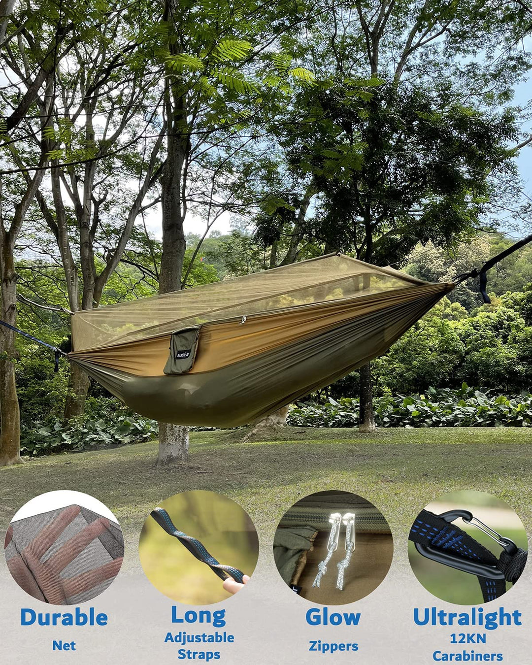 Sunyear Camping Hammock, Portable Single &amp; Double Hammock with Net, 2 Person Hammock Tent with 2 * 10Ft Straps, Best for Outdoor Hiking Survival Travel