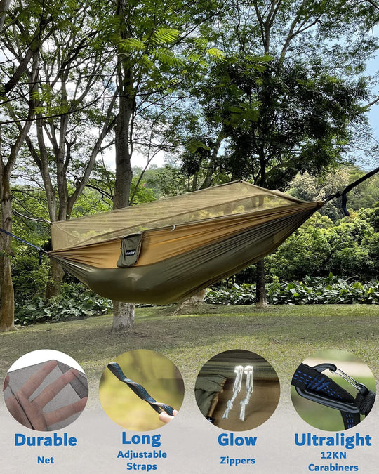 Sunyear Camping Hammock, Portable Single &amp; Double Hammock with Net, 2 Person Hammock Tent with 2 * 10Ft Straps, Best for Outdoor Hiking Survival Travel