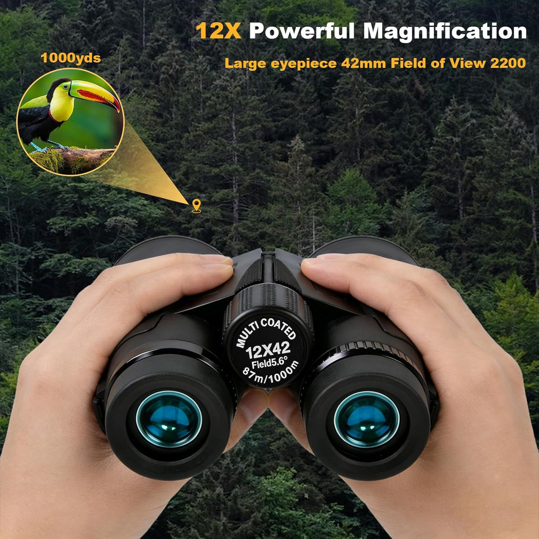 12X42 HD Binoculars for Adults High Powered with Phone Adapter Tripod | Bird Watching Binoculars Compact BAK4 Prism FMC Lens Waterproof Low Light Vision Binoculars for Cruise Ship,Hunting,Hiking