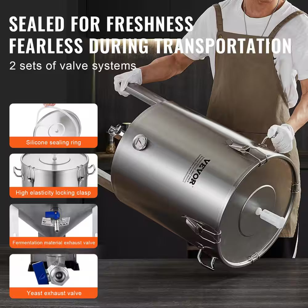 304 Stainless-Steel Kettle16 Gal. Beer Brew Fermenter Brew Bucket for Brewing Home Brewing Supplies Thermometer