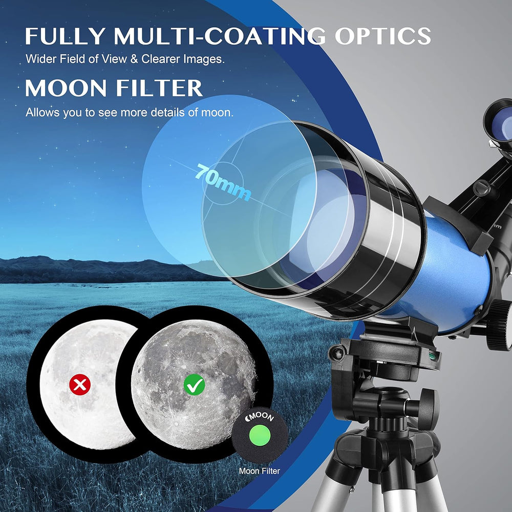 AOMEKIE 40070 Telescopes for Astronomy Beginners and Adults 70Mm Astronomical Telescopes with Adjustable Tripod K6 and K25 Eyepieces,Phone Adapter