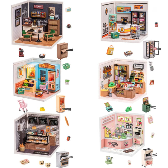 DIY Miniature Dollhouse Building Model Kit Super Creator Store Series Plastic Birthday Gift for Girls (6 Kits)
