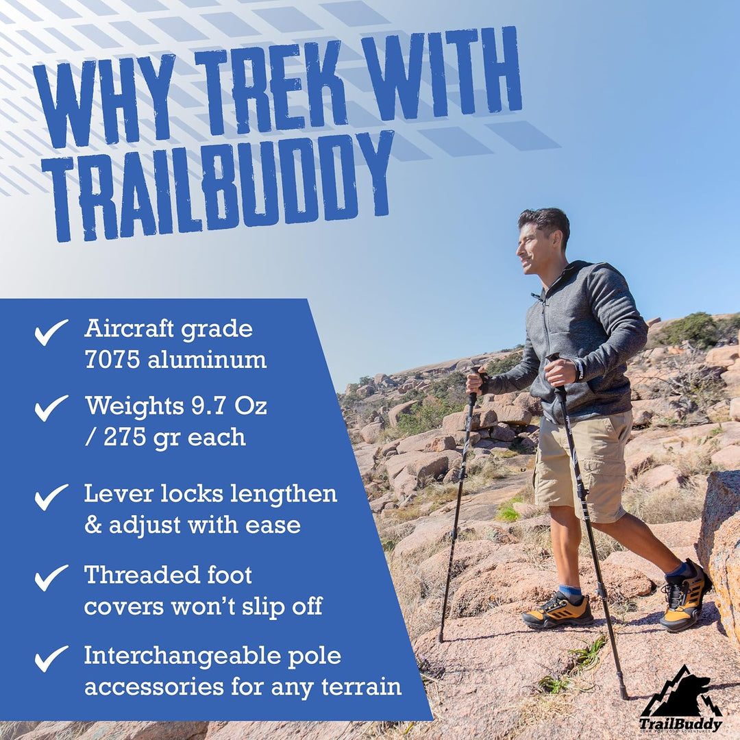 Trailbuddy Trekking Poles – Lightweight 7075 Aluminum Hiking Poles for Women, Men &amp; Seniors – Collapsible or Foldable Walking Sticks for Travel, Trails &amp; Balance