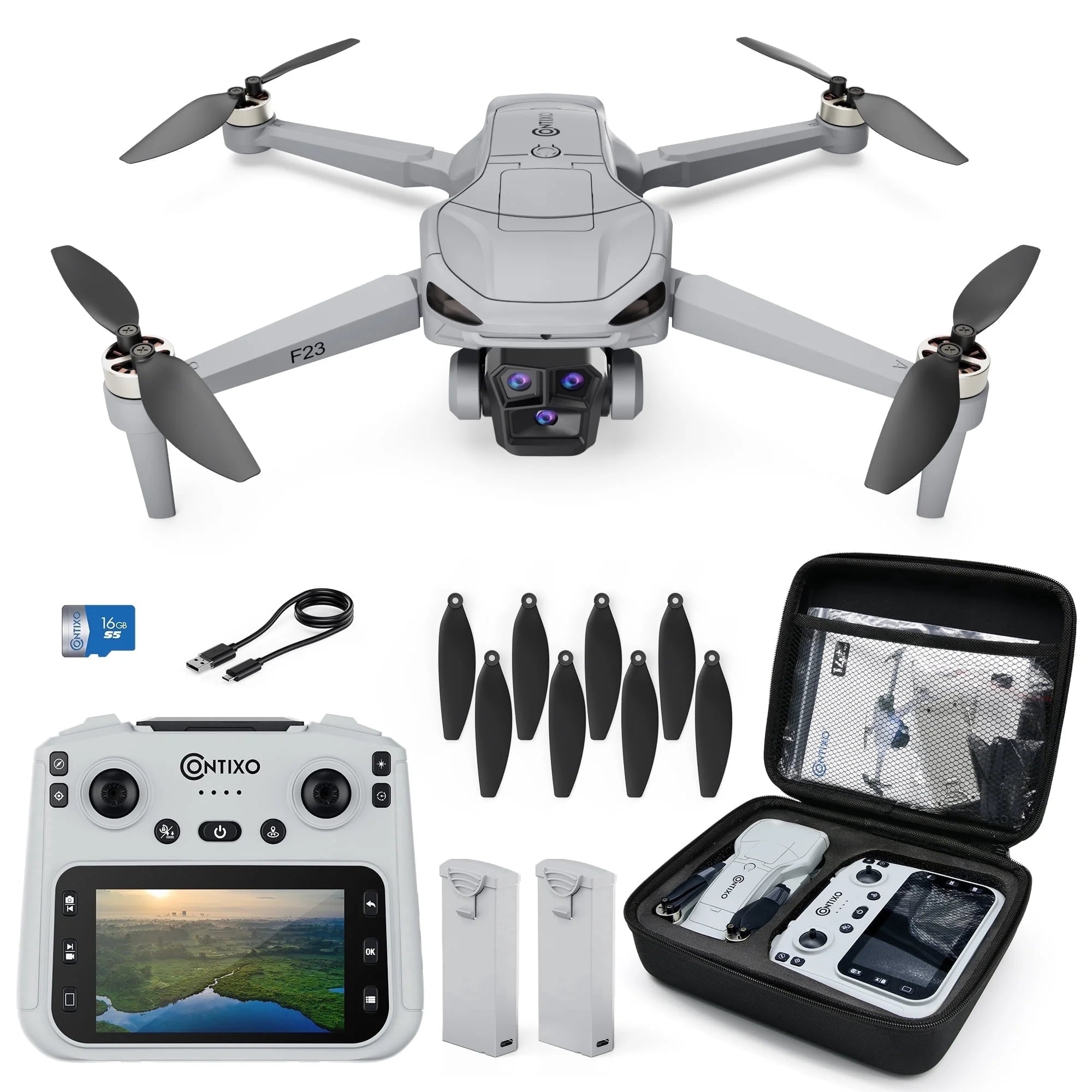 F23 720P FPV Drone with Camera for Kids and Adults, GPS Mini RC Quadcopter with 4.5" Screen, 46 Min Flight Time, Optical Flow, Auto Return, 2 Batteries, Gray