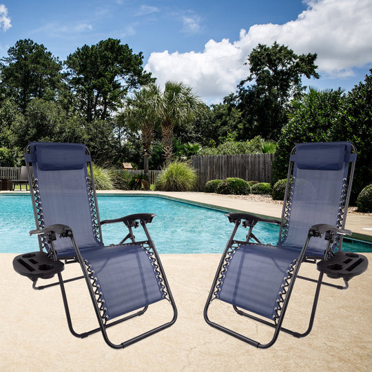 Zero Gravity Lounge Chairs - Set of 2 - Folding Anti-Gravity Recliners - Side Table Cup Holder &amp; Pillow, Navy Blue