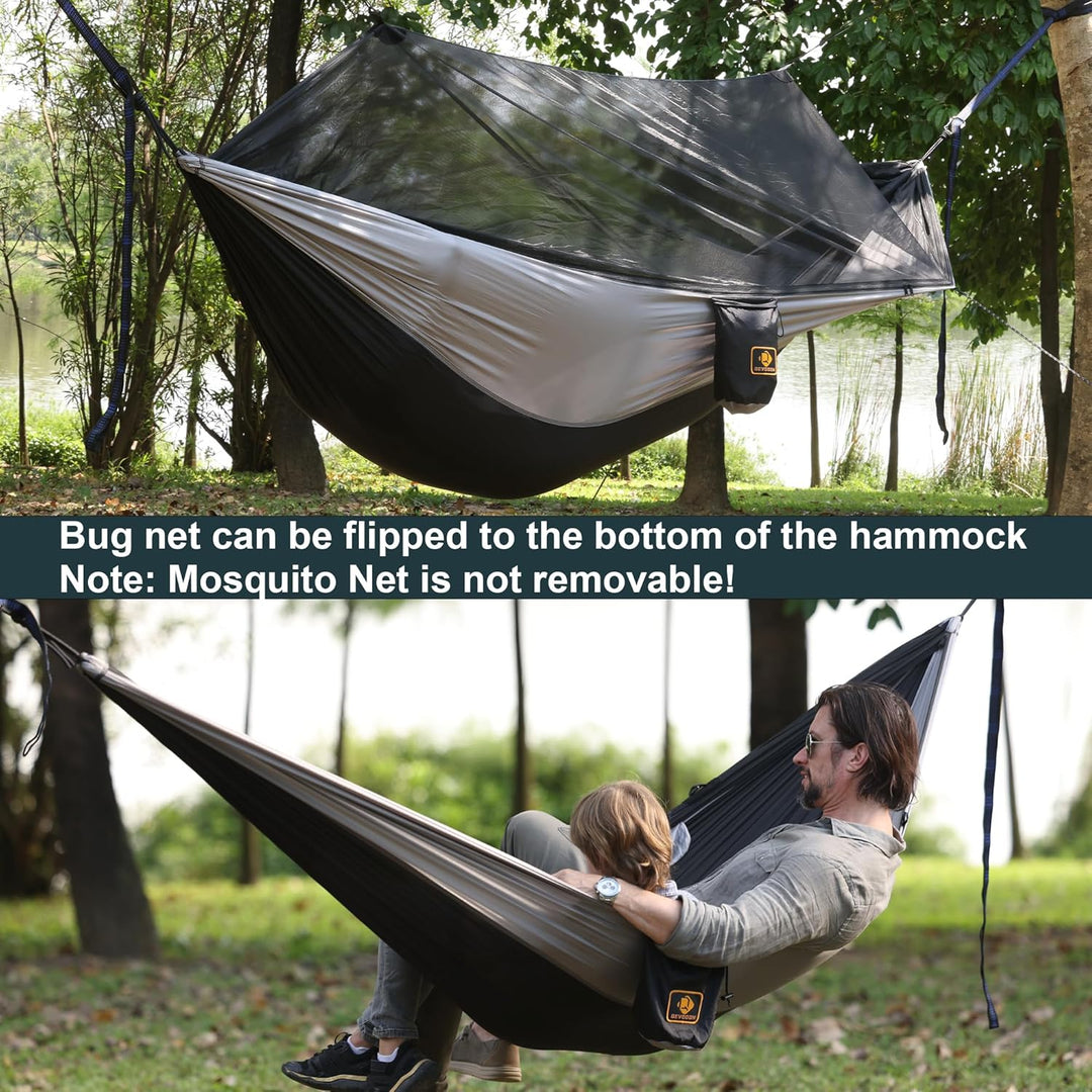 Qevooon Camping Hammock with Net,Travel Portable Lightweight Hammocks with Tree Straps and Solid D-Shape Carabiners,Parachute Nylon Hammock for Outsides Backpacking Beach Backyard Patio Hiking