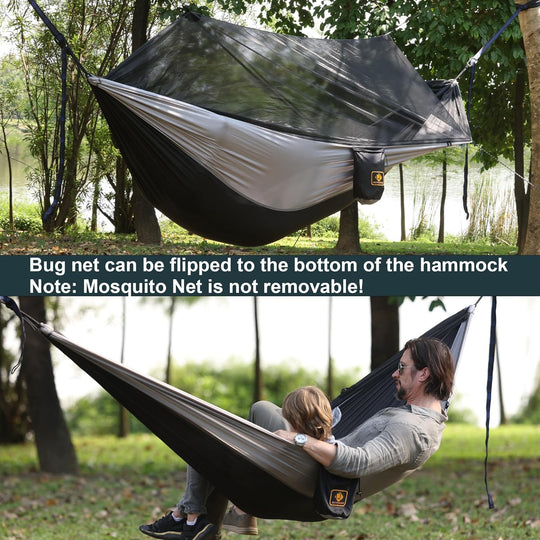 Qevooon Camping Hammock with Net,Travel Portable Lightweight Hammocks with Tree Straps and Solid D-Shape Carabiners,Parachute Nylon Hammock for Outsides Backpacking Beach Backyard Patio Hiking