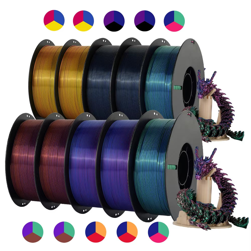 Tri-Color Dual-Color Silk Rainbow PLA Filament 1.75Mm Accuracy+/-0.03Mm 3D Printer Filament Compatible with Most FDM Printers