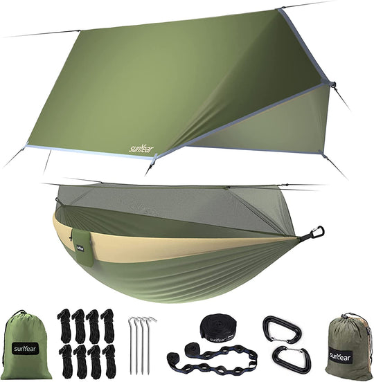 Sunyear Camping Hammock, Portable Single &amp; Double Hammock with Net, 2 Person Hammock Tent with 2 * 10Ft Straps, Best for Outdoor Hiking Survival Travel