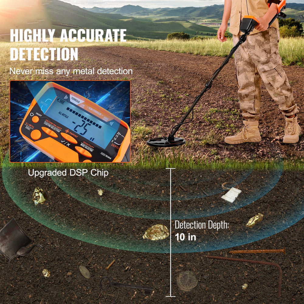 10" Metal Detector with LCD Display, 41"-52" Adjustable Stem for Kids and Adults, 7 Modes Gold Detector with IP68 Waterproof Coil, Suitable for Beaches, Backyards, Hiking