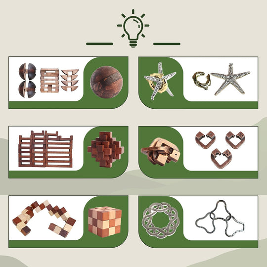 Puzzles Toys Brain Teaser Puzzles 12Pcs Ring Puzzles Metal Wooden Puzzles Logic Lock for Adults Kids Toy Gift for Teens