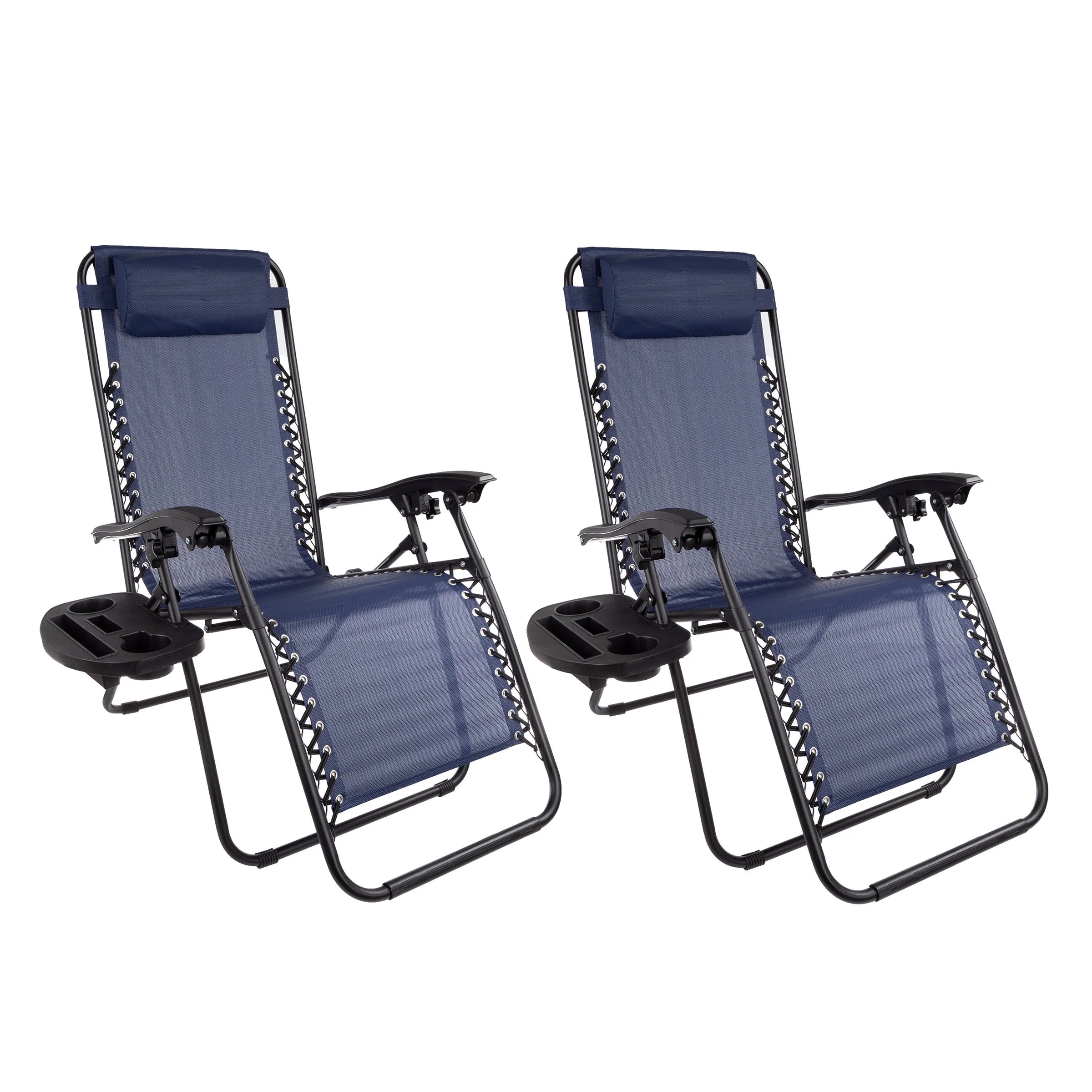 Zero Gravity Lounge Chairs - Set of 2 - Folding Anti-Gravity Recliners - Side Table Cup Holder & Pillow, Navy Blue