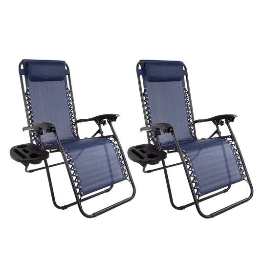 Zero Gravity Lounge Chairs - Set of 2 - Folding Anti-Gravity Recliners - Side Table Cup Holder &amp; Pillow, Navy Blue