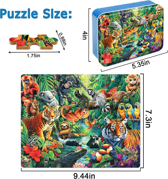 LELEMON Puzzles for Kids Ages 4-6, Jungle Puzzle 60 Piece Puzzles for Kids in a Metal Box, Educational Kids Puzzles Jigsaw Puzzles Childrens Puzzle Games Puzzle Toys for Girls and Boys