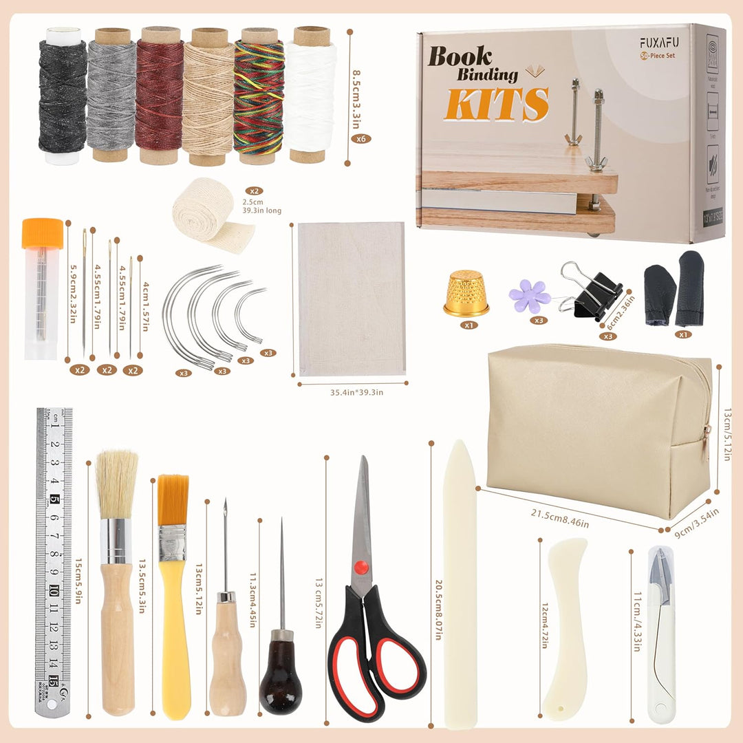 FUXAFU 50 Pcs Book Binding Kits, 13"X7.9" Inch Wooden Book Press，Books Binding Materials, with Bone Folder, Awl, Needles for DIY Bookbinding, Bookrepair, Handmade Crafts