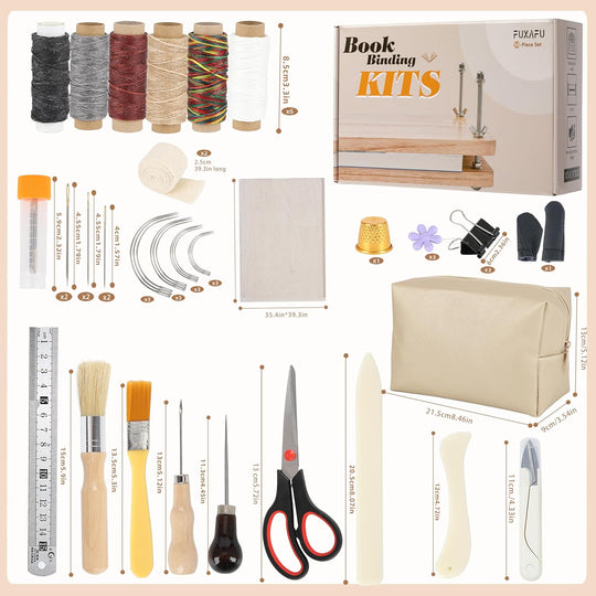 FUXAFU 50 Pcs Book Binding Kits, 13"X7.9" Inch Wooden Book Press，Books Binding Materials, with Bone Folder, Awl, Needles for DIY Bookbinding, Bookrepair, Handmade Crafts