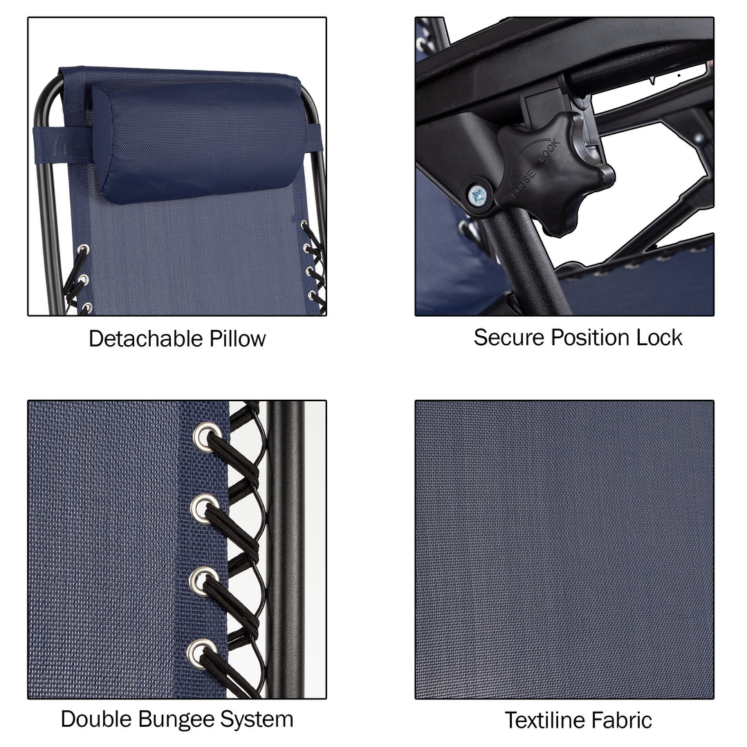 Zero Gravity Lounge Chairs - Set of 2 - Folding Anti-Gravity Recliners - Side Table Cup Holder &amp; Pillow, Navy Blue