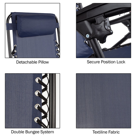 Zero Gravity Lounge Chairs - Set of 2 - Folding Anti-Gravity Recliners - Side Table Cup Holder &amp; Pillow, Navy Blue