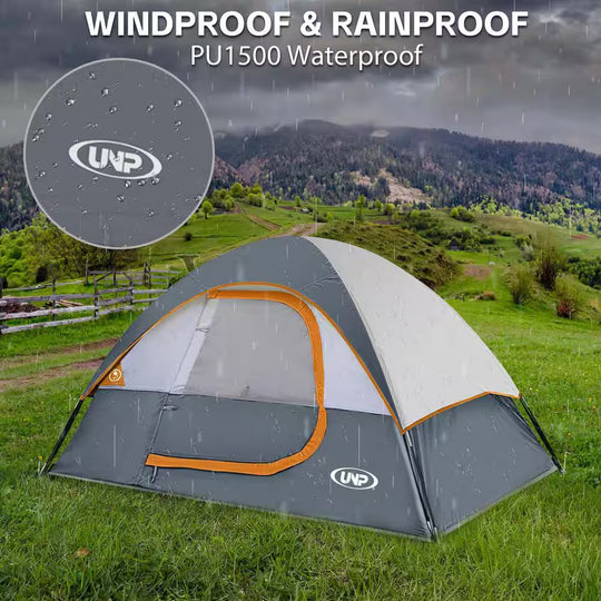 Gray 4-Person Camping Tents, Waterproof Windproof Tent with Rainfly Easy Set Up-Portable Dome Tents for Camping