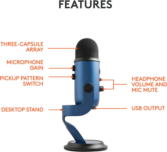 Logitech Creators Blue Yeti USB Microphone for Gaming, Streaming, Podcast, Youtube, Discord, PC, Studio Sound, Plug &amp; Play-Midnight Blue