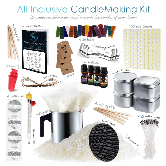 Complete DIY Candle Making Kit Supplies for Adults and Children - 16 Color Dyes, Fragrances, 12 Lbs. Soy Wax, Melting Pot, Thermometer, Tins, Cotton Wicks, Finger Protectors, Centering Devices &amp; More