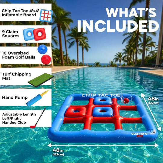 Golf Pong Chip Tac Toe Floating Pool Game - 4FT Inflatable Tic Tac Toe Pool Toy for Adults &amp; Teens, Outdoor Games, Pool Party Games, Backyard Games &amp; Yard Games (Club Included)