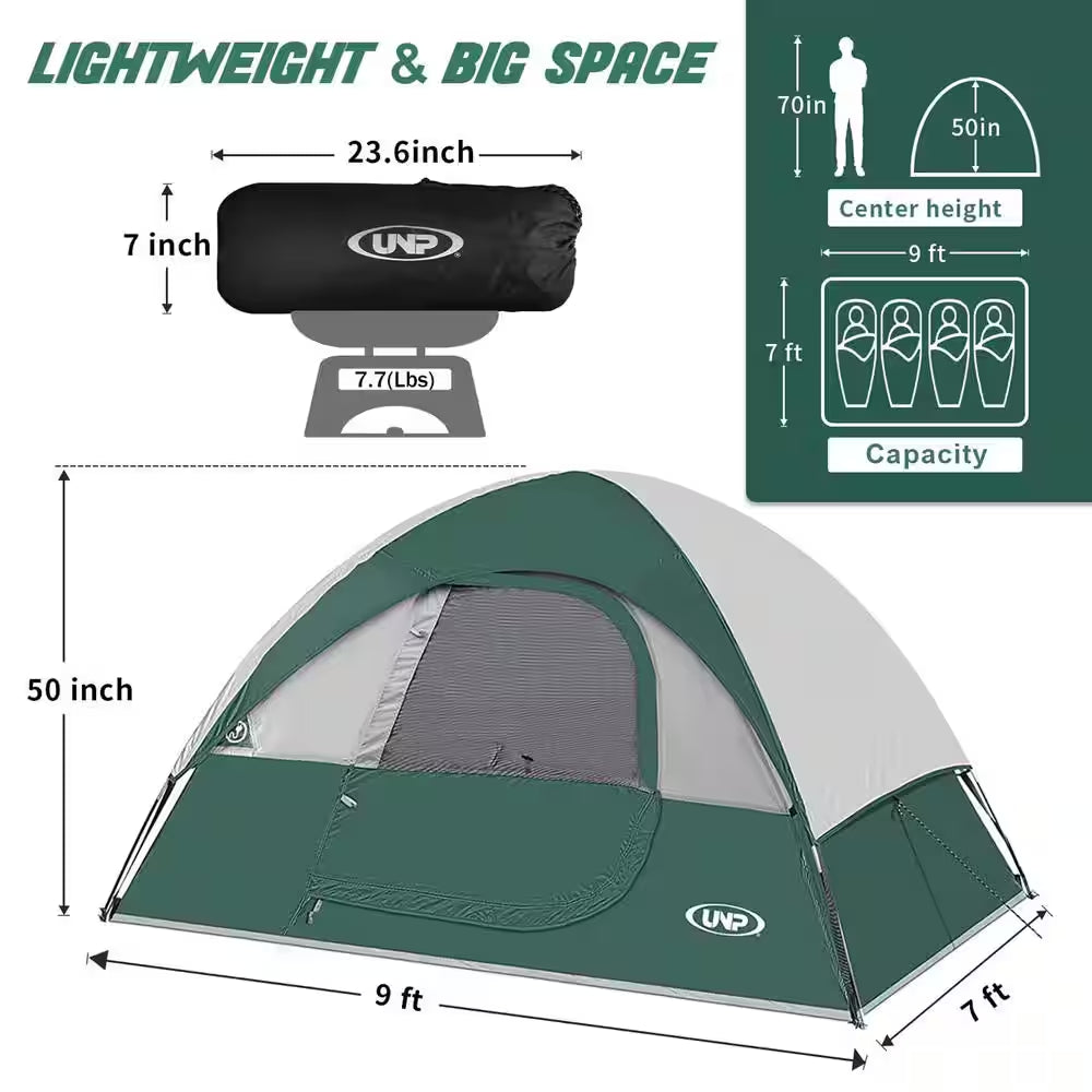 Green 4-Person Camping Tents, Waterproof Windproof Tent with Rainfly Easy Set Up-Portable Dome Tents for Camping