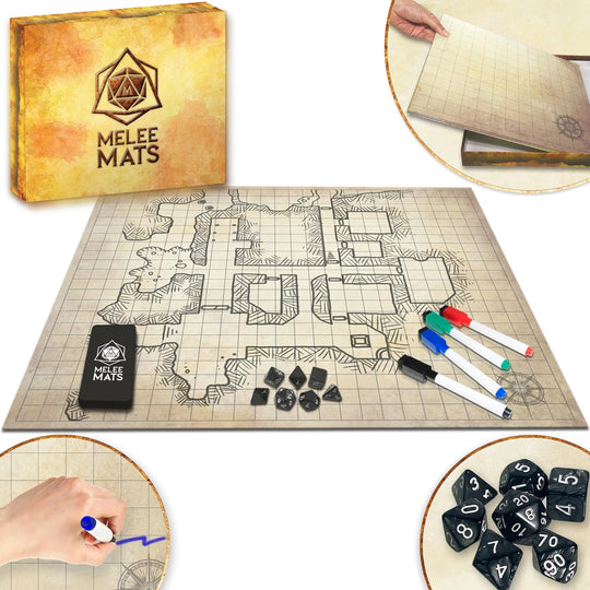 Melee Mats DND Map Starter Set - 23” X 27" Double Sided, Wet &amp; Dry Erase Battle Terrain Grid for Dungeons and Dragons - Tabletop Board Gaming Kit with Accessories