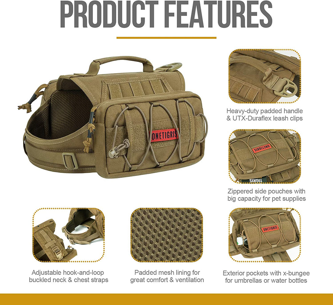 ONETIGRIS Dog Backpack for Medium &amp; Large Dogs, Nylon Backpack for Dogs Tactical Pet Backpack with Side Pockets for Hiking Walking Training Running (Brown, Medium)