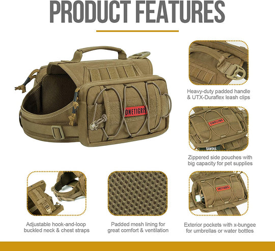 ONETIGRIS Dog Backpack for Medium &amp; Large Dogs, Nylon Backpack for Dogs Tactical Pet Backpack with Side Pockets for Hiking Walking Training Running (Brown, Medium)