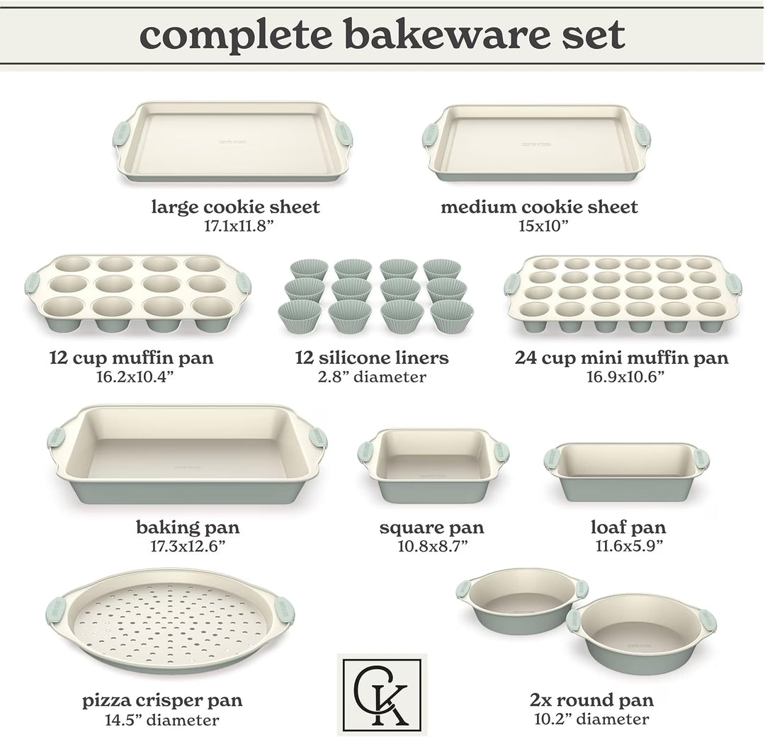 22-Pc Baking Set, Stackable Nonstick Baking Sheet Set with Silicone Handles, Sage