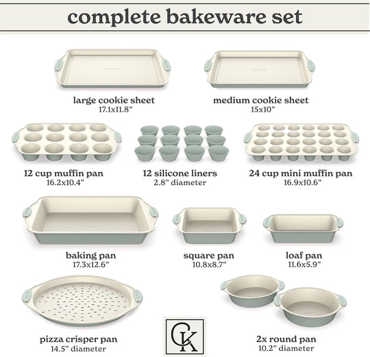 22-Pc Baking Set, Stackable Nonstick Baking Sheet Set with Silicone Handles, Sage