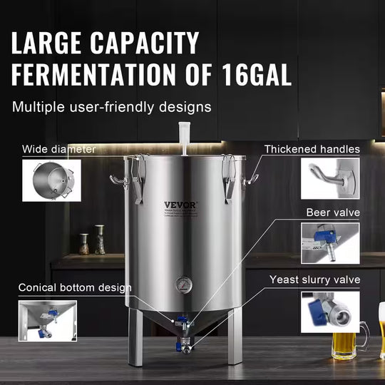 304 Stainless-Steel Kettle16 Gal. Beer Brew Fermenter Brew Bucket for Brewing Home Brewing Supplies Thermometer