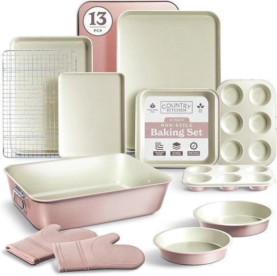 Nonstick Stackable Bakeware Set, 13-Pc Baking Set with Baking Sheets &amp; Pans, Pink