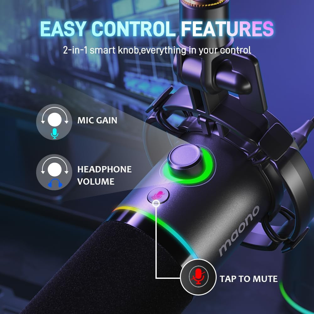MAONO XLR/USB Dynamic Microphone Kit, RGB Gaming Mic Bundle for Podcast Studio Streaming Recording Vocal PD200X+BA92 Black