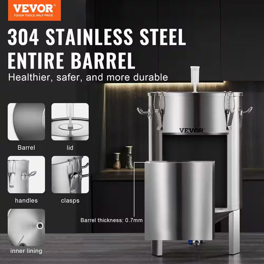 304 Stainless-Steel Kettle16 Gal. Beer Brew Fermenter Brew Bucket for Brewing Home Brewing Supplies Thermometer