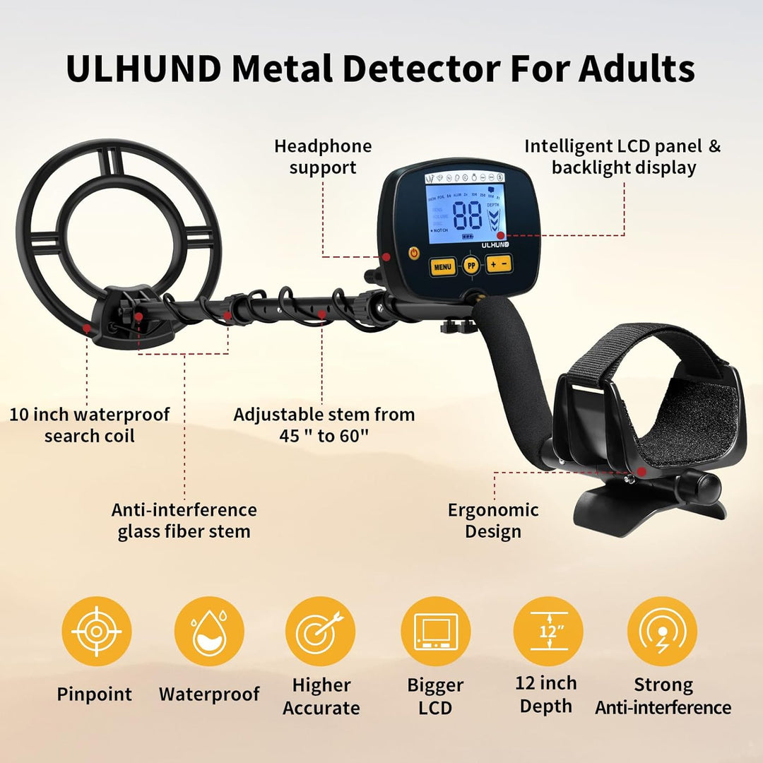 Upgraded Metal Detector for Adults Professional - High Accuracy Gold Finder with DSP Chip &amp; 10" IP68 Waterproof Search Coil, 12" Deep Detection and 60" Adjustable Length for Beach &amp; Yard