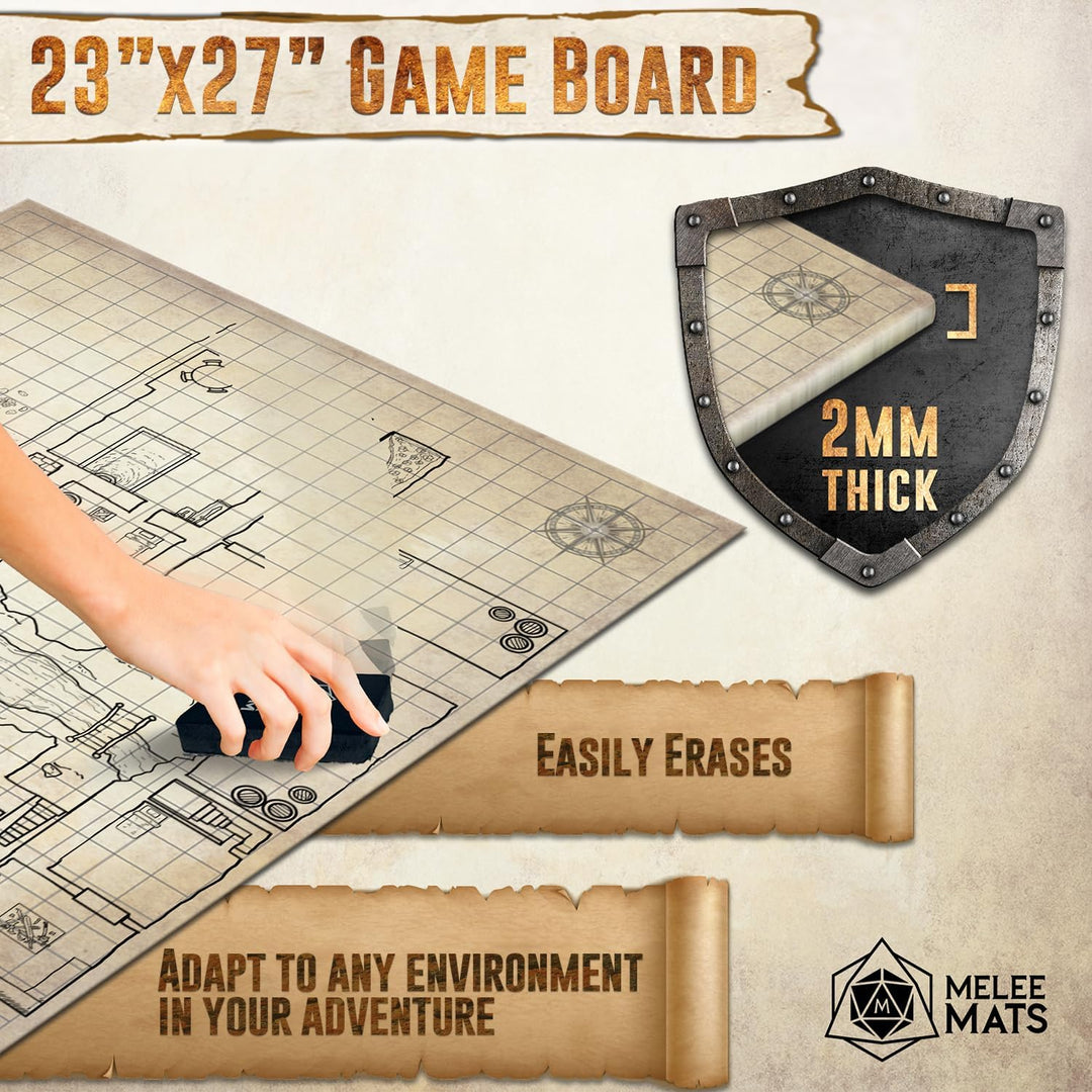 Melee Mats DND Map Starter Set - 23” X 27" Double Sided, Wet &amp; Dry Erase Battle Terrain Grid for Dungeons and Dragons - Tabletop Board Gaming Kit with Accessories