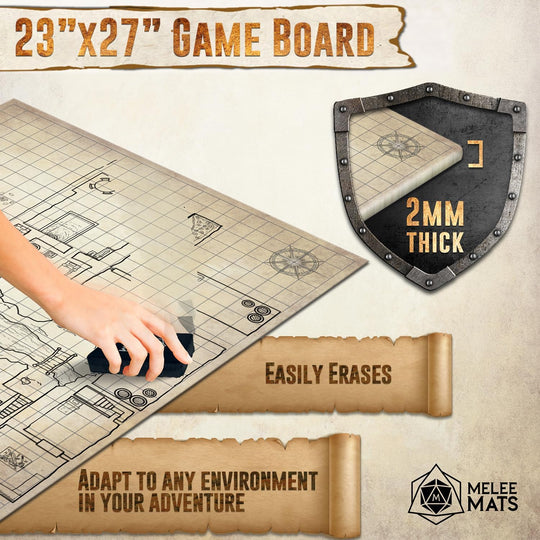 Melee Mats DND Map Starter Set - 23” X 27" Double Sided, Wet &amp; Dry Erase Battle Terrain Grid for Dungeons and Dragons - Tabletop Board Gaming Kit with Accessories